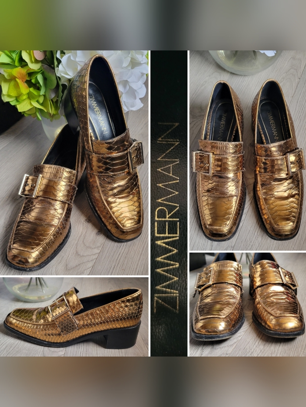 Zimmermann Metallic Gold Leather Croc Embossed Side Buckle Loafer, US 8 EU 38